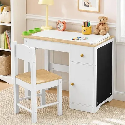 Imagen del producto de Mesa infantil con silla, 80x40x60 cm, con soporte para rollos de papel, color blanco