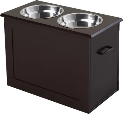 Zdjęcie produktu dla Fortuna Lai Miska dla psów z miejscem do przechowywania 2 miski Stacja karmienia Miska ze stali nierdzewnej Miska dla kotów MDF Stal nierdzewna Espresso 60 x 30 x 41 cm