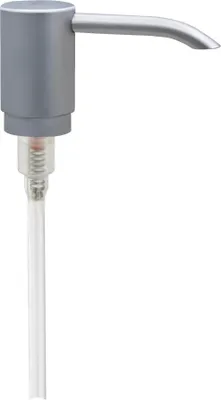 A silver soap dispenser pump with a clear tube.