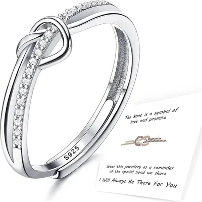Image de bague en argent 925 Sterling avec zirconium pour femme, Nœud d'amour réglable Bague de fiançailles