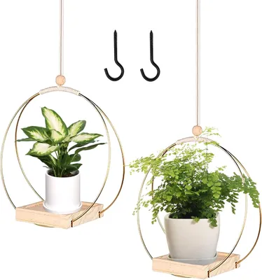 Produktbild von Hängende Blumentöpfe mit Holzbasis und Metallring, 2 Stück, 30 cm, für Innenräume
