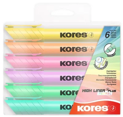 Obrázek produktu pro Kores TM36060, 6 kusů, Světle modrá, Světle zelená, Světle oranžová, Světle růžová, Fialová, Žlutá, Rozšířený hrot, Vícebarevný, Kulatý, Krabice s okénkem