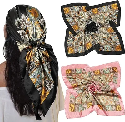 Produktbild von 35 Zoll großes quadratisches Kopftuch aus Satin – 2 Stück seidenähnliche Kopftücher mit Blumenmuster, quadratische Satin-Haartücher, Bandanas für Damen
