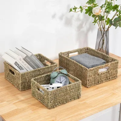 Produktbild von Aufbewahrungskorb CABO 3er-Set natur stapelbar für Wohnzimmer Badezimmer Flur Handtücher Seegras Flechtkorb mit Griffen rechteckig Aufbewahrungsbox