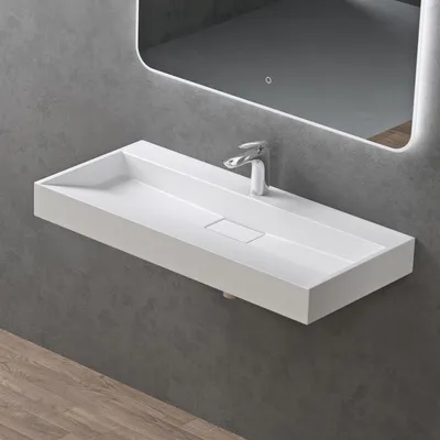 Produktbild von doporro Waschbecken Aufsatzwaschbecken Mineralguss Hängewaschbecken Waschtisch matt weiß 90x46x11cm mit Armaturloch inkl. Ablaufgarnitur Colossum19