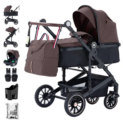 Produktbild von Daliya® NEOMOVE 3in1 Kinderwagen | mit i-Size Babyschale & Buggy | Alu-Rahmen Reisekinderwagen | Kombikinderwagen mit großen Einkaufskorb | für Stadt und Gelände | Sicher & Komfortabel (Rahmen: Schwarz, Stoff: Weinrot)