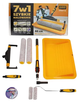Zdjęcie produktu dla Zestaw narzędzi malarskich Hardy Working Tools 7-częściowy, model Speedy 40, zawierający: 2 wałki malarskie duże (40 cm), 2 wałki malarskie