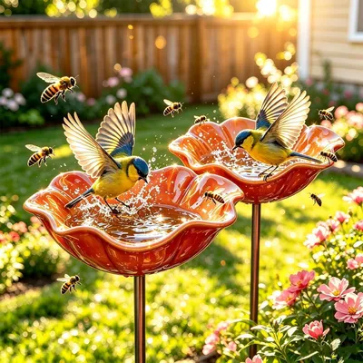 Immagine prodotto di Due abbeveratoi per uccelli a forma di fiore, diametro 15 cm, in metallo resistente al gelo, color arancione