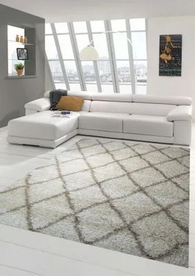 Immagine prodotto di Tappeto da salotto Shaggy a pelo alto a pelo lungo con motivo a rombi in beige crema dimensioni - 80x150 cm