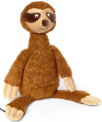 A plush sloth toy sitting on a white background.