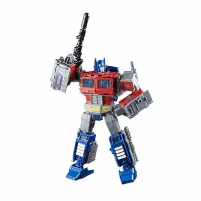 A toy robot, Optimus Prime, is shown in a dynamic pose against a white background.
