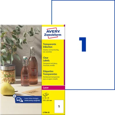 Produktbild von Avery Zweckform L7784-25, Transparente Etiketten, A4, 210 x 297 mm, 25 Etiketten / 25 Bögen, transparent