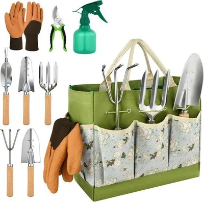 Obrázek produktu pro Sada 9 kusů zahradního nářadí Unyqoos® z nerezové oceli, včetně úložné tašky, s protiskluzovými ergonomickými rukojeťmi. Součástí sady je odstraňovač plevele, zahradní nůžky a kultivátor