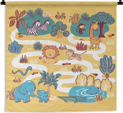 Produktbild von MuchoWow® Wandteppich Wandbehang Safari - Tiere - Kinder 90x90 cm Tapisserie Dekoration Wandtuch - Wandaufhänger
