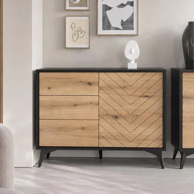 Produktbild von Kommode DIAMOND K1D3SZ Gefräste Front Fischgrätmuster Eiche Evoke Schwarz Matt Metallfüße Schrank Sideboard