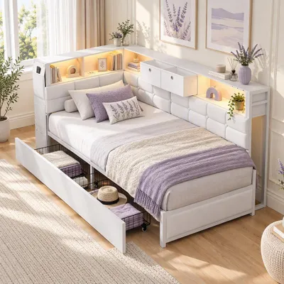 Immagine prodotto di Letto imbottito, modello divano letto, 90x200 cm, con illuminazione LED. Letto singolo per ragazzi con USB e 3 cassetti. Letto trasformabile in divano, letto per ospiti, struttura del letto in lino, colore bianco