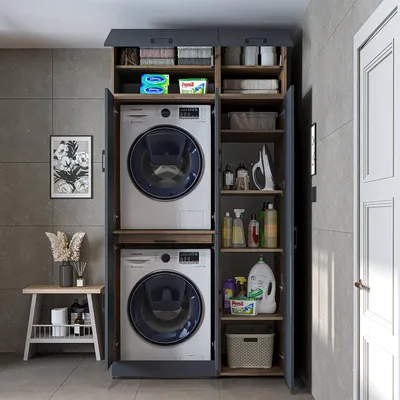 Immagine prodotto di Mobile lavatrice Roomart "DORA SET" per asciugatrice e lavatrice, larghezza 115 cm, in 4 colori, con ante e ripiano estraibile - Bianco - Rovere bianco - Rovere antracite - Rovere