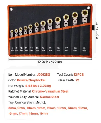 Obrázek produktu pro Sada ráčnových klíčů, mechanismus se 72 zuby, ergonomická rukojeť, 12 kusů typu A