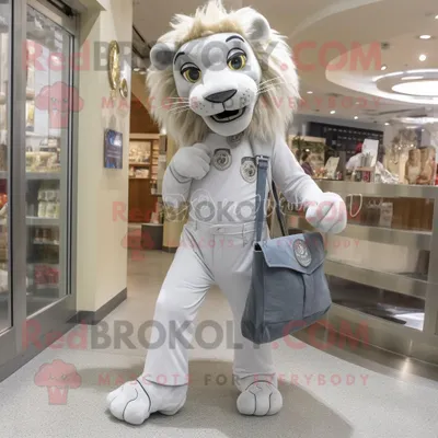 Produktbild von Maskottchen REDBROKOLY Kostümfigur Silberbändiger Löwe bekleidet mit Jeggings und Tragetaschen