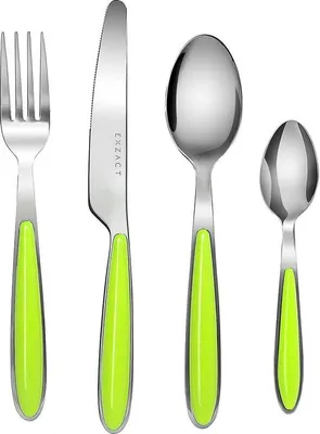 Immagine prodotto di Set di posate Unyqoos® EXZACT EX07 in acciaio inossidabile, composto da 16 pezzi: 4 forchette, 4 coltelli, 4 cucchiai da zuppa, 4 cucchiaini, lavabile in lavastoviglie, con manici colorati