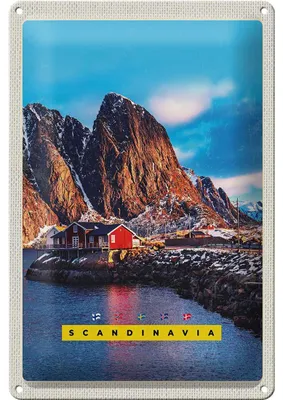Produktbild von Blechschild Reise 20x30cm Skandinavien Gebirge Meer rote Häuser