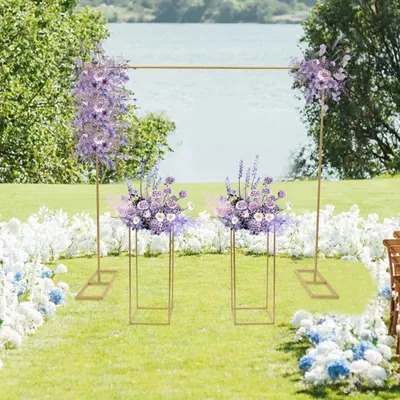 Image de Arche de mariage dorée de 2 mètres sur 2, avec 2 supports à fleurs