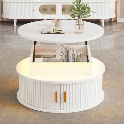 Productafbeelding van Salontafel, in hoogte verstelbaar, bijzettafel, LED-verlichting, rond, 2 schuifdeurtjes, verborgen opbergruimte, hoogglanzend, 75x75x52
