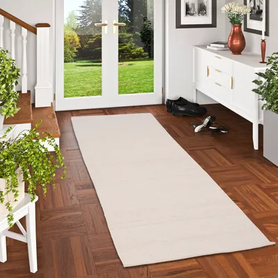 Produktbild von Wolle Natur Teppich Läufer Kelim Woolly Wollweiss Meliert, Größe:70x140 cm