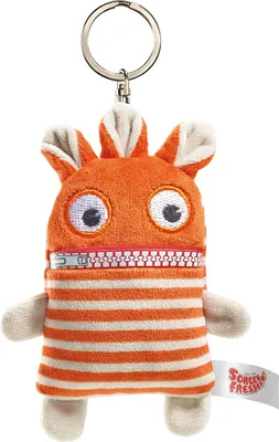 A plush toy keychain of a small orange monster with white stripes.