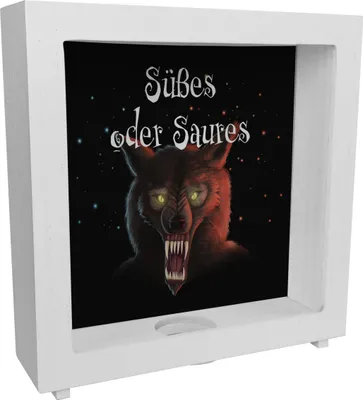 Produktbild von Rahmen Spardose aus Holz mit gruseligem Werwolf Motiv und Spruch - Süßes oder