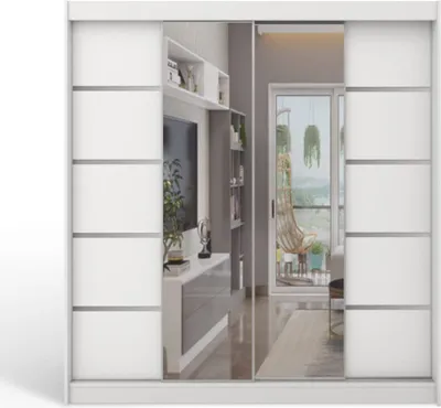 A white sliding door wardrobe with mirrored doors, reflecting a room with a TV and balcony.