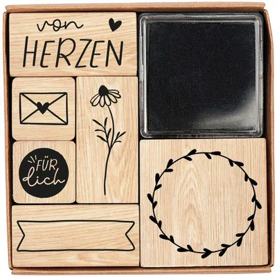 Produktbild von Brunnen Stempel-Set 'Von Herzen', 9 Holzstempel, 1 Stempelkissen 4x4 cm für Geschenke & Post