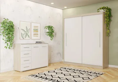 Produktbild von 2er-Set Schwebetürenschrank mit zwei Spiegeln 204cm Sonoma/Weiß mit Led Beleuchtung TORINO II Kommode FRIDA 01