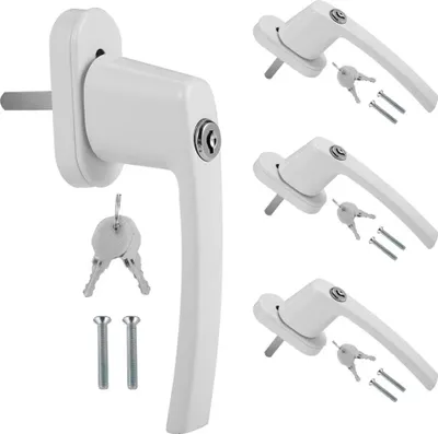 A white window handle with a key lock and two keys, along with three other similar handles in the background.