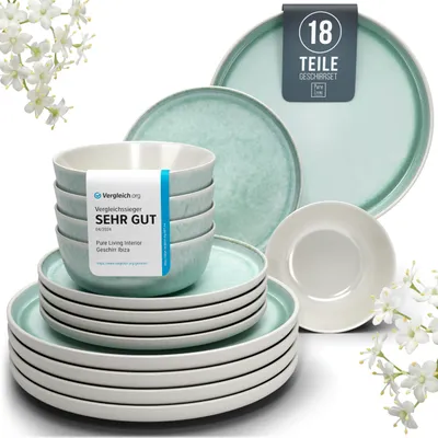 Produktbild von Steingut Geschirrset 6 Pers. Ibiza 18-tlg - Hochwertiges Mediterranes Steingut Geschirr Set - Schüssel & Teller Set - Tafelservice 6 Personen Geschirr
