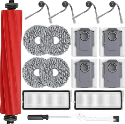 Produktbild von 17 Stück Zubehör für Roborock QV 35A/QV 35S Saugroboter, 1 Hauptbürste, 4 Staubbeutel, 2 Filter, 4 Wischpads, 4 Seitenbürsten, 1 weiße Hakenbürste und 1 Schraubendreher