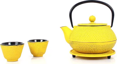 Image de Service à thé Echtwerk Théière en fonte 1,1 L Théière avec dessous de plat 2 tasses à thé Set de théière Design vintage, couleur : jaune
