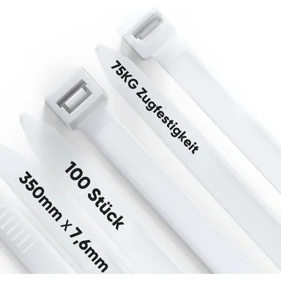 Obrázek produktu pro Bílé stahovací pásky, 100 kusů, délka 350 mm, šířka 7,6 mm, pevnost v tahu 75 kg, odolné vůči UV záření, nylonové, samozacelovací