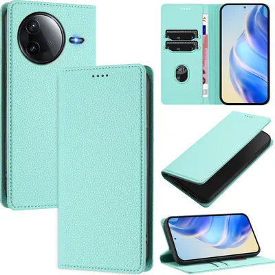 Produktbild von Litchi Leder Handyhülle für Xiaomi Redmi K80/K80 Pro Wallet Kartenfächer Standfunktion Hülle Türkis