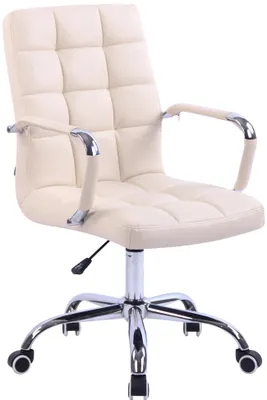 A cream-colored office chair with a chrome base and armrests, shown against a white background.