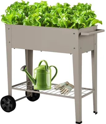 Zdjęcie produktu dla Podwyższona donica metalowa na kółkach z półką - 84,5 x 45 x 80 cm - Szara donica do ogrodu, balkonu, tarasu, na warzywa i zioła