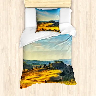 Produktbild von ABAKUHAUS Italienisch Mantele, Italien Ackerland Rural, Milbensicher Allergiker geeignet mit Kissenbezügen, 135 cm x 200 cm - 80 x 80 cm, Blau Gelb