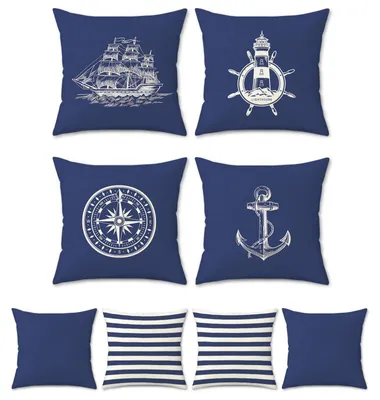 Produktbild von Set mit 4 maritimen Kissenbezügen (45 x 45 cm), beidseitig bedruckt mit Anker, Segelboot und Kompass, aus Polyester und Leinen. Dekorative Kissenbezüge für Sofa, Wohnzimmer und andere Räume.