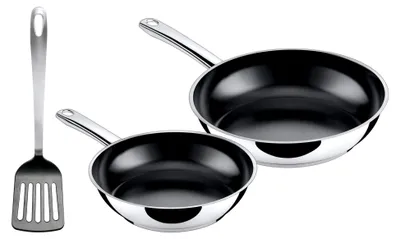 Produktbild von Talis 3-teiliges Pfannenset mit Pfannenwender, Bratpfanne 24 cm und 20 cm, Induktionsgeeignet, Edelstahl beschichtet, backofenfest