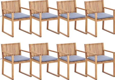 Produktbild von BELIANI Gartenstuhl 8er Set Hellbraun es Akazienholz mit Sitzkissen Blau Armlehnen Lamellen-Optik Holzkufen Rustikal Holzstuhl Terrasse