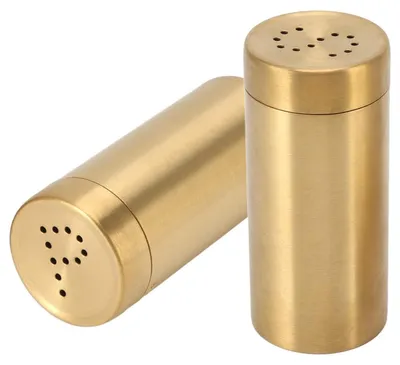 Produktbild von 2er-Set Gewürzflaschen für Salz und Pfeffer, goldfarben, aus rostfreiem Edelstahl mit Schraubverschluss, ideal für Salz, Zucker und Pfeffer.
