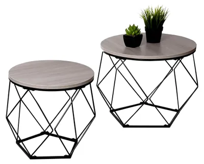 Produktbild von Couchtisch-Set, Kaffeetisch Beistelltisch Loungetisch, Metall Holz - Eiche-grau-Optik
