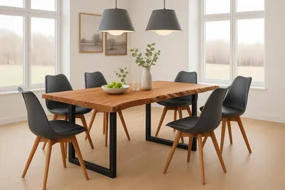Produktbild von 7-TLG. Essgruppe Quinn | Esstisch mit 6 Stühlen | 200x100 cm | Esstisch mit echter Baumkante | Akazienholz massiv + Naturfarben | U-Gestell Schwarz | 6X Schalenstuhl Schwarz
