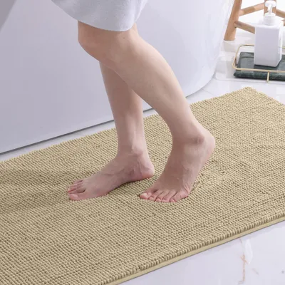 Image de Tapis de bain en chenille, tapis de bain antidérapant, tapis de bain moelleux, tapis de bain absorbant, tapis de douche lavable pour la salle de bain, 60 x 90 cm, beige