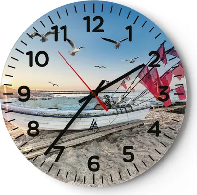 Produktbild von Wanduhr - Rund - Glasuhr - Łódź Küste Möwen - 40x40cm - Schleichendes Uhrwerk - Lautlos - zum Aufhängen bereit - Dekoration Modern - Wanddekoration aus Glas - C4AR40x40-4779